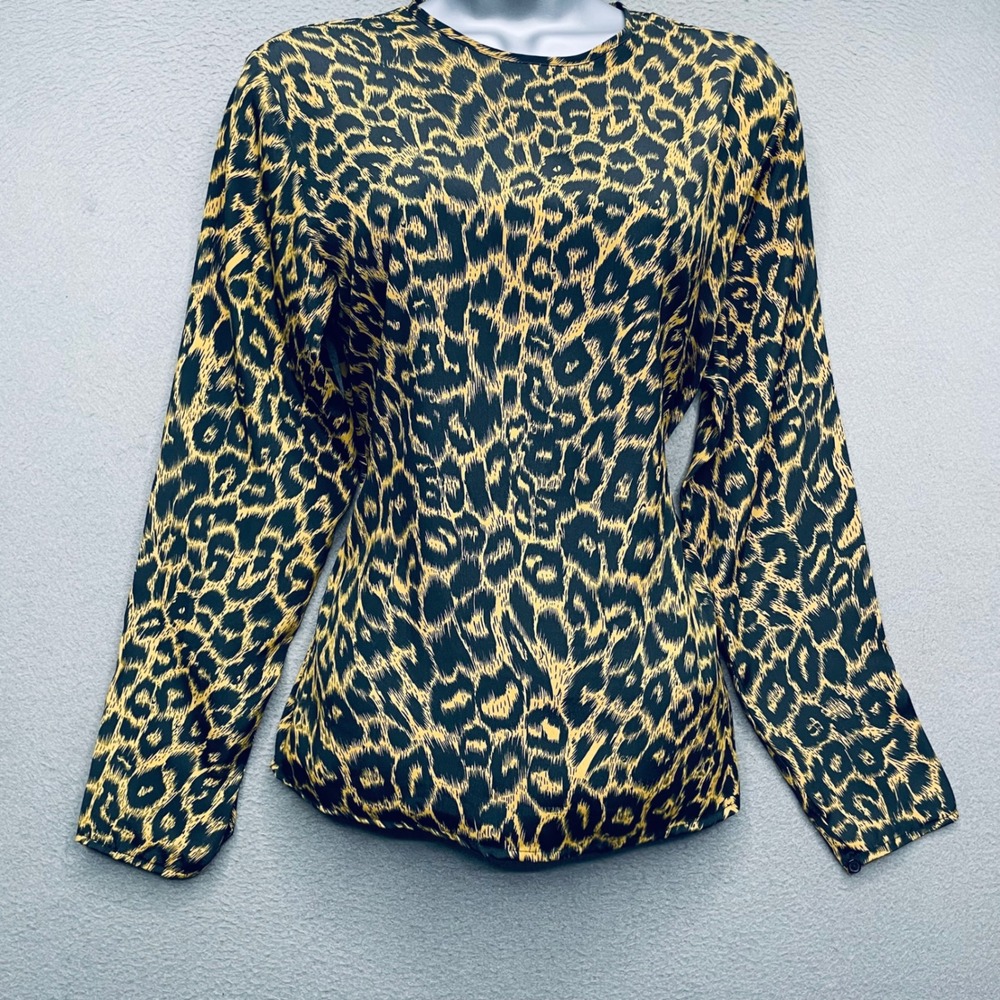 Hana Sung Women top VTG Leopard Animal Print Small Gold Black Long Sleeve Silky